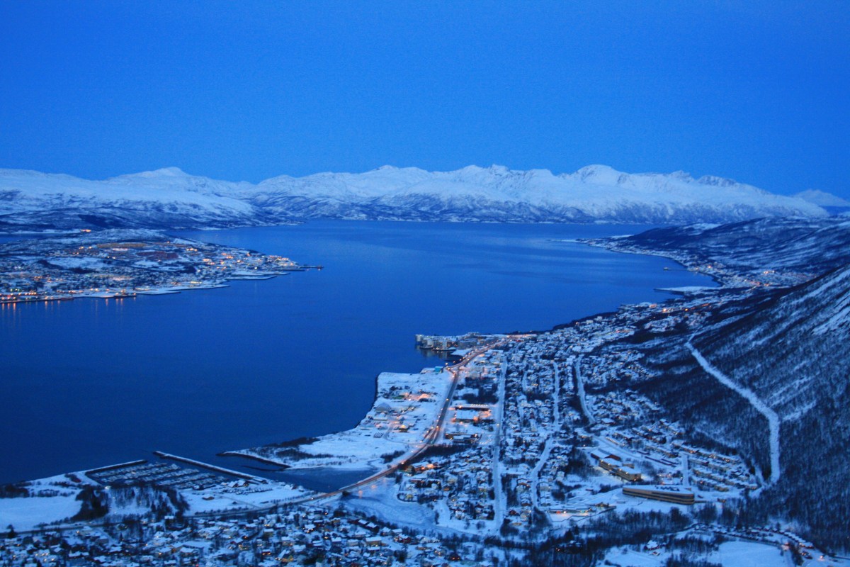 Winter: Looking down over Tromsø in the twilight.