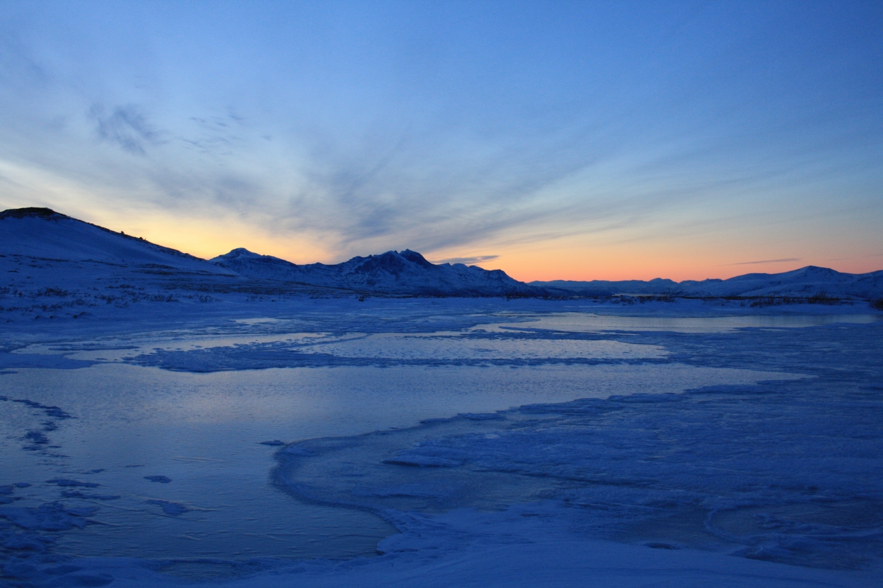 Winter: Looking south above Tromsø in the twilight.
