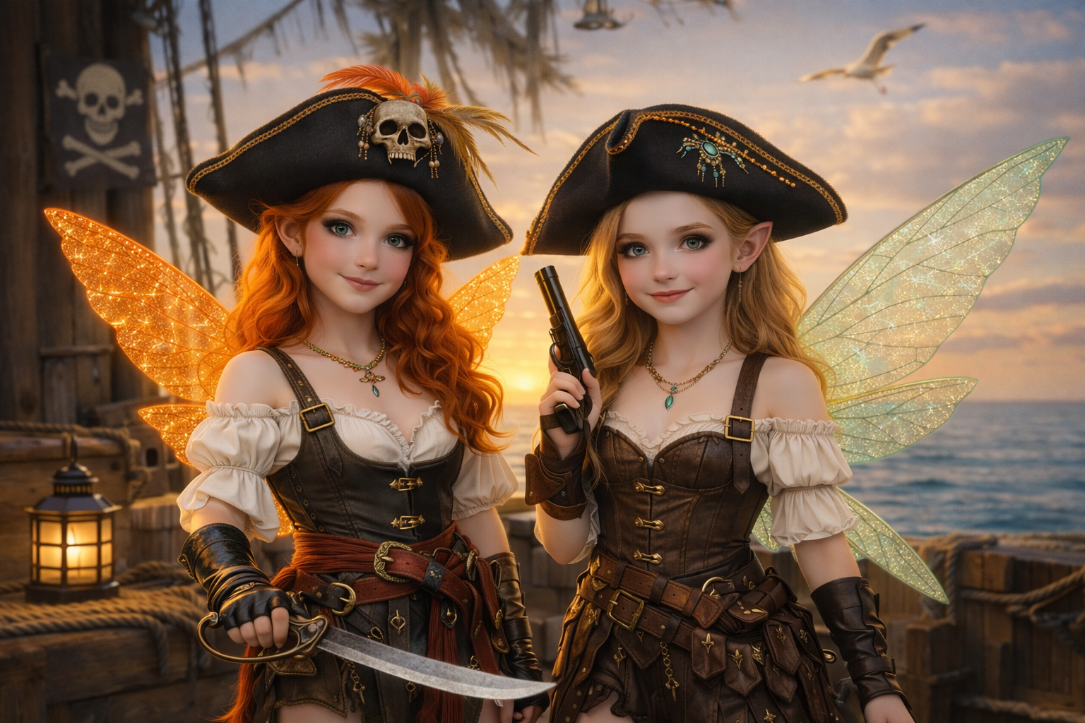 Two women dressed as pirate fairies with wings, corsets, and hats holding a sword and pistol on a ship deck at sunset
