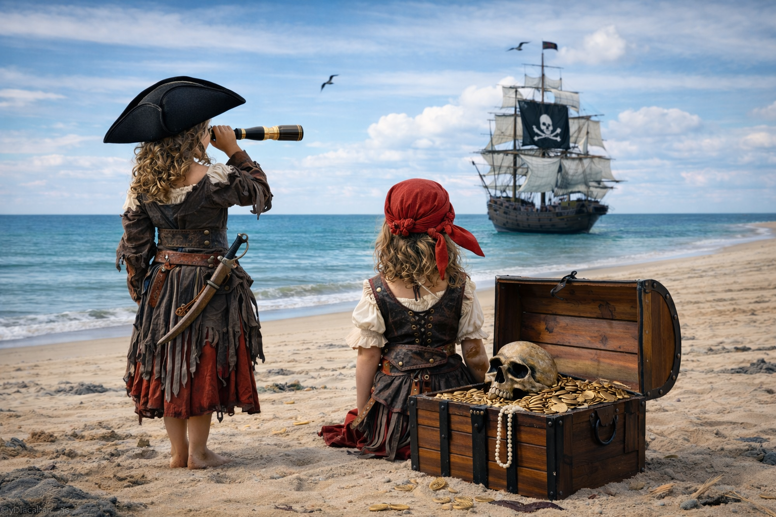 Two children in pirate costumes on a beach with a treasure chest full of gold and a pirate ship in the background